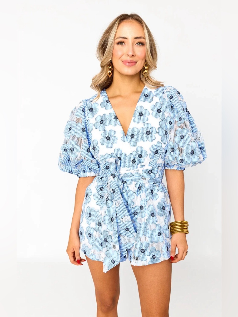 Buddylove Puff Sleeve Julia Romper // Blue & White // XS